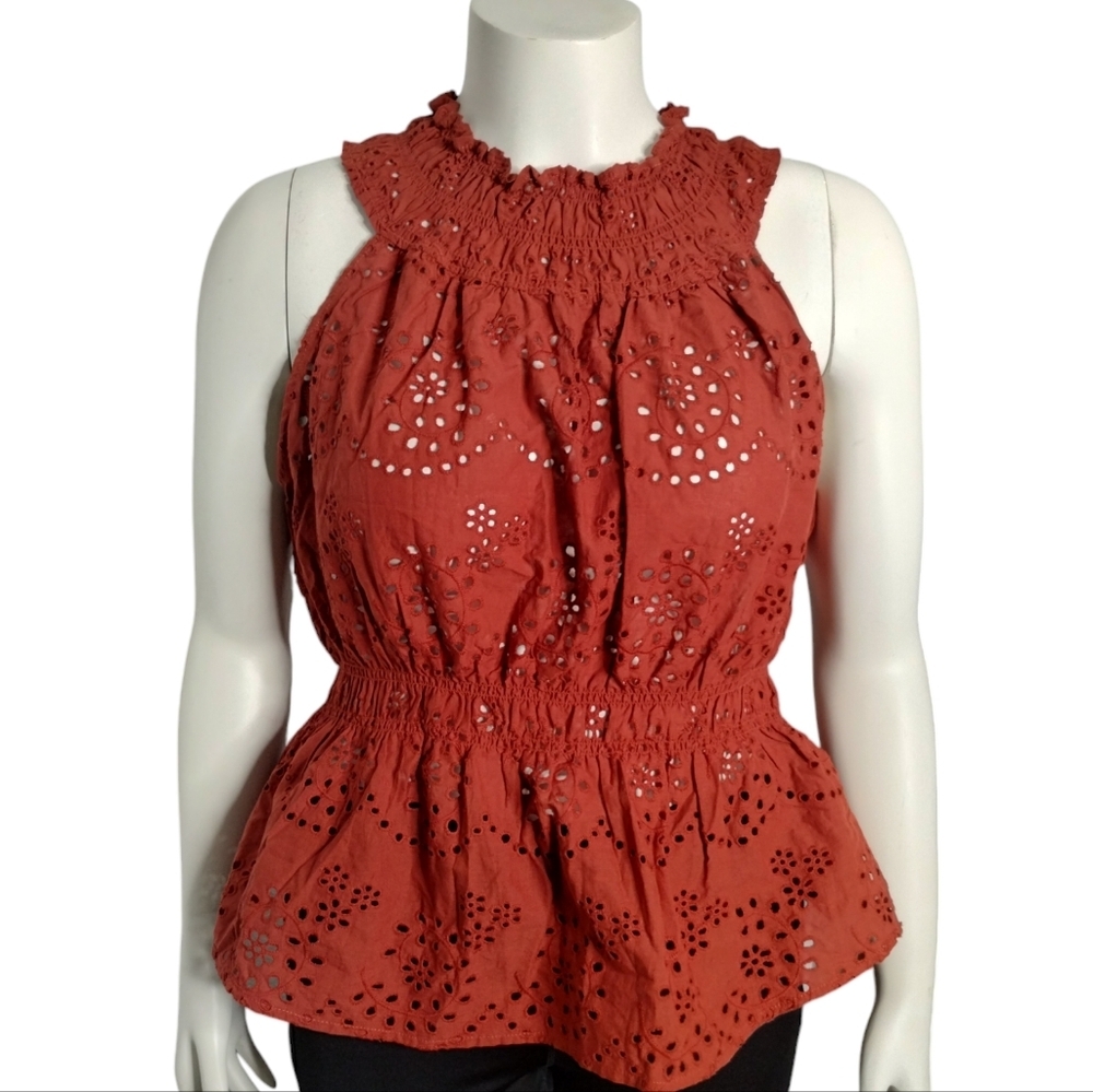 Marc New York BuEyelet Smocked Peplum Boho Top Womens size Large Cottagecore